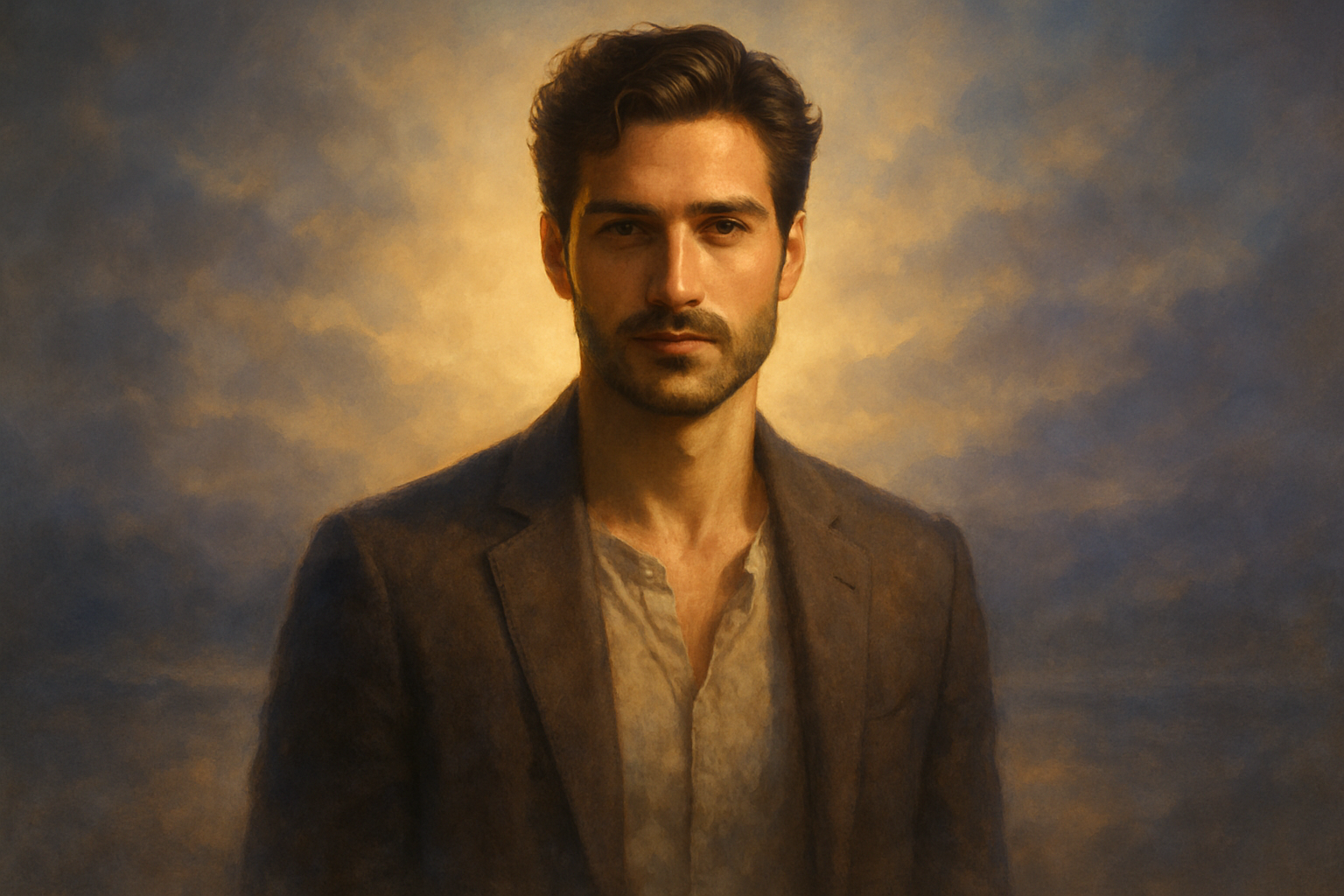 Portrait artistique d’un homme attirant aux cheveux bruns ondulés et au regard confiant, baigné dans une lumière dorée et un décor flou évoquant un rêve