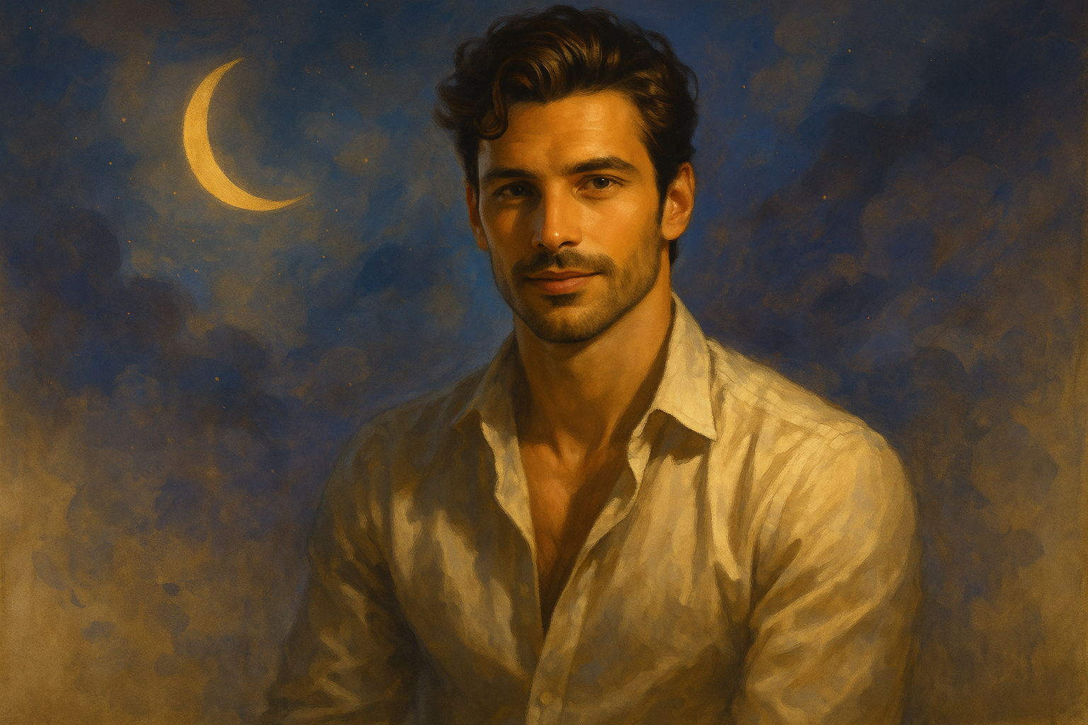 Portrait semi-réaliste d’un homme séduisant aux cheveux bruns ondulés et au regard profond, éclairé par une lumière dorée avec un croissant de lune en arrière-plan sur un ciel bleu nuit, symbolisant le mystère et la dimension spirituelle du rêve.