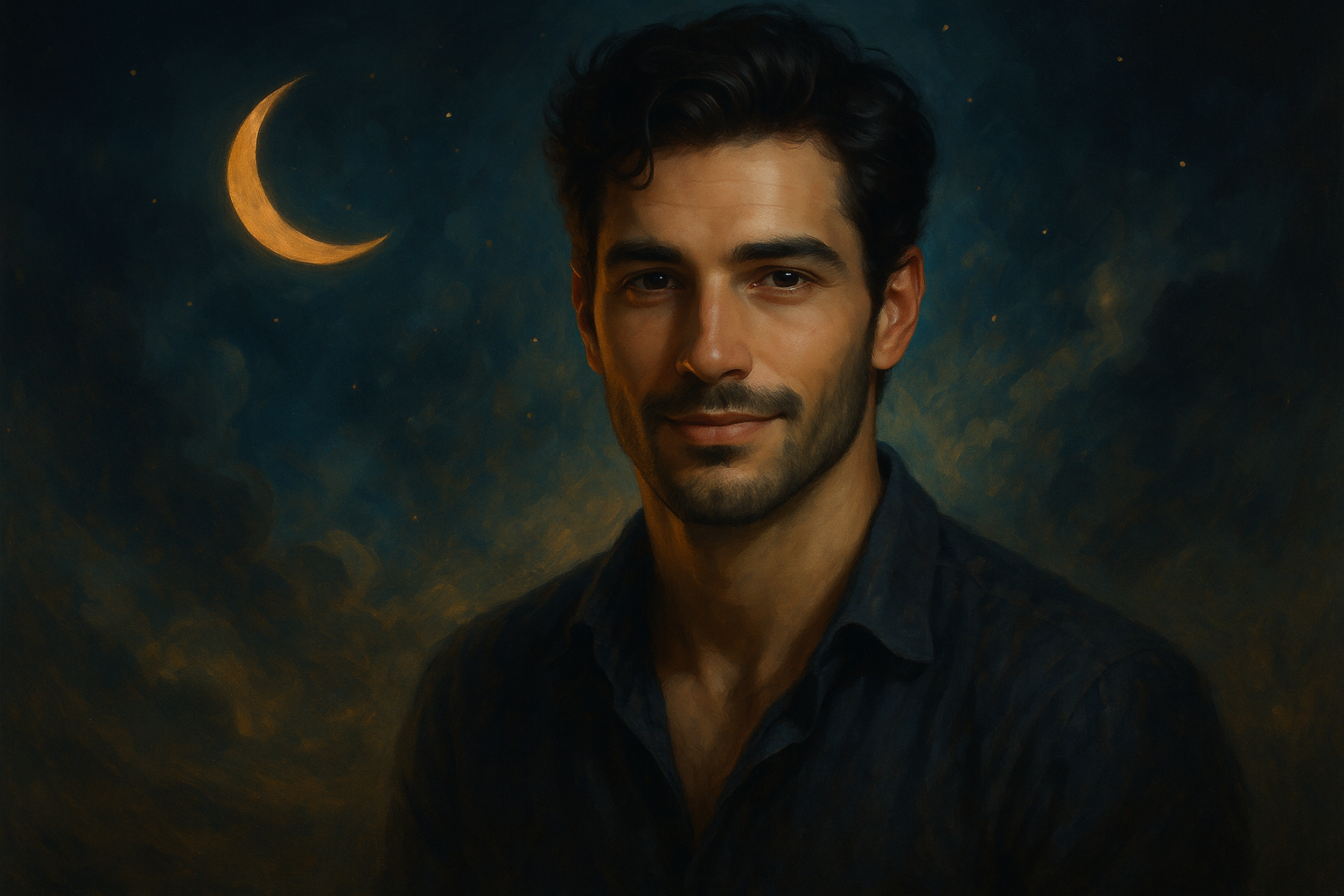 Portrait semi-réaliste d’un homme séduisant aux cheveux bruns ondulés et au regard confiant, éclairé par une lumière douce, avec en arrière-plan un ciel étoilé et un croissant de lune, symbolisant le mystère et la signification spirituelle des rêves.