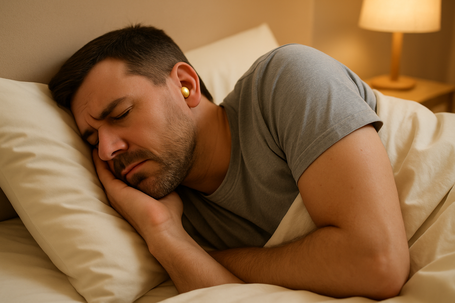 Homme allongé sur le côté, tête posée sur un oreiller, portant un bouchon d’oreille en silicone pour protéger un tympan percé, dans une chambre à la lumière douce.